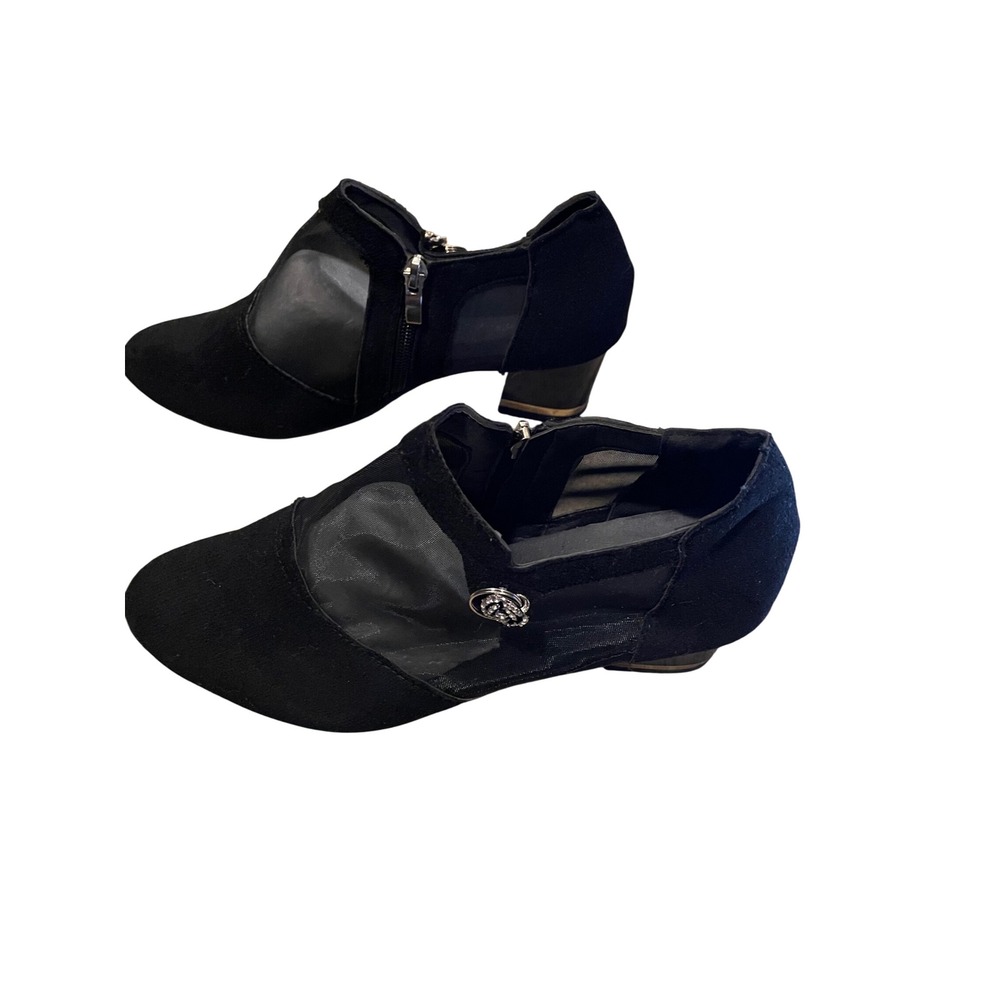 Black Mesh Panel Faux Suede Block Heel Pumps with Red Bottoms Size 41 - Picture 2 of 5